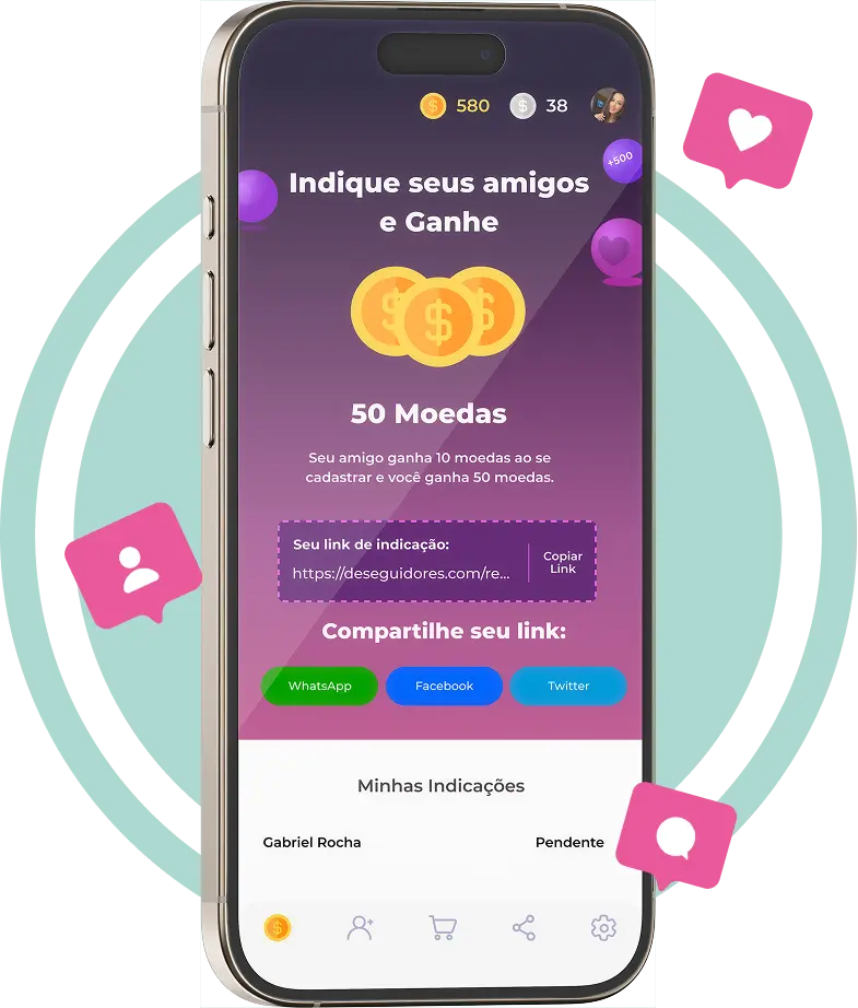 Celular mostrando a tela de indicação de amigos da Engajja